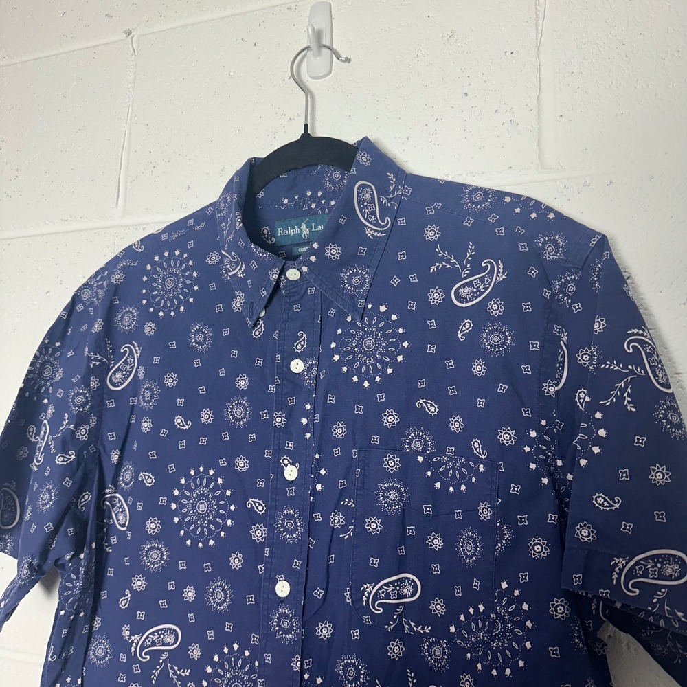 Ralph Lauren Custom Fit Short Sleeve Button‎ Up Shirt Navy Paisley Men's L